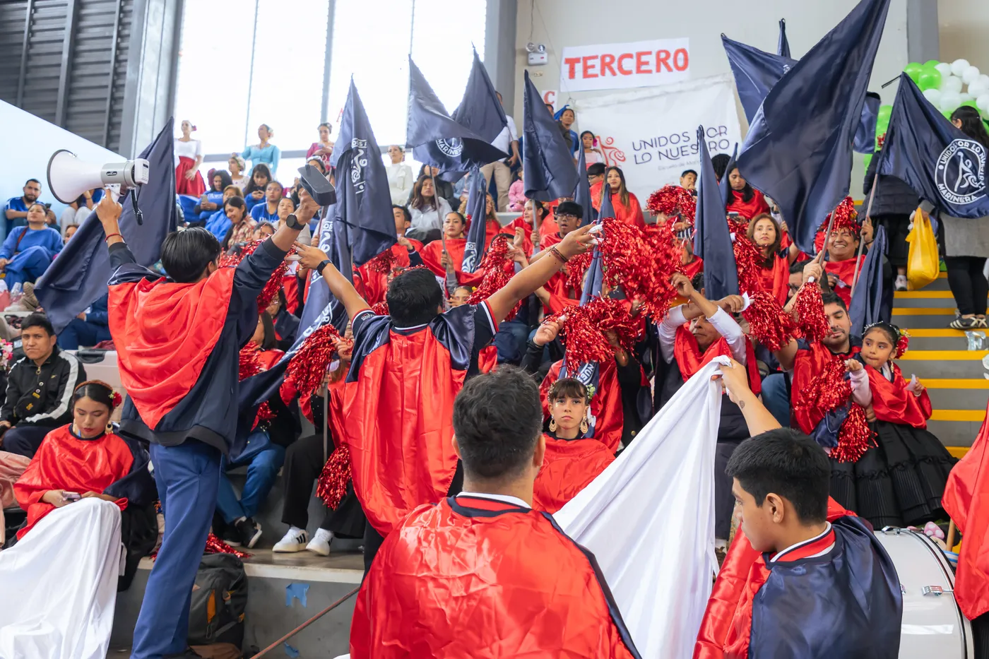 Barra de la escuela con banderas y pompones